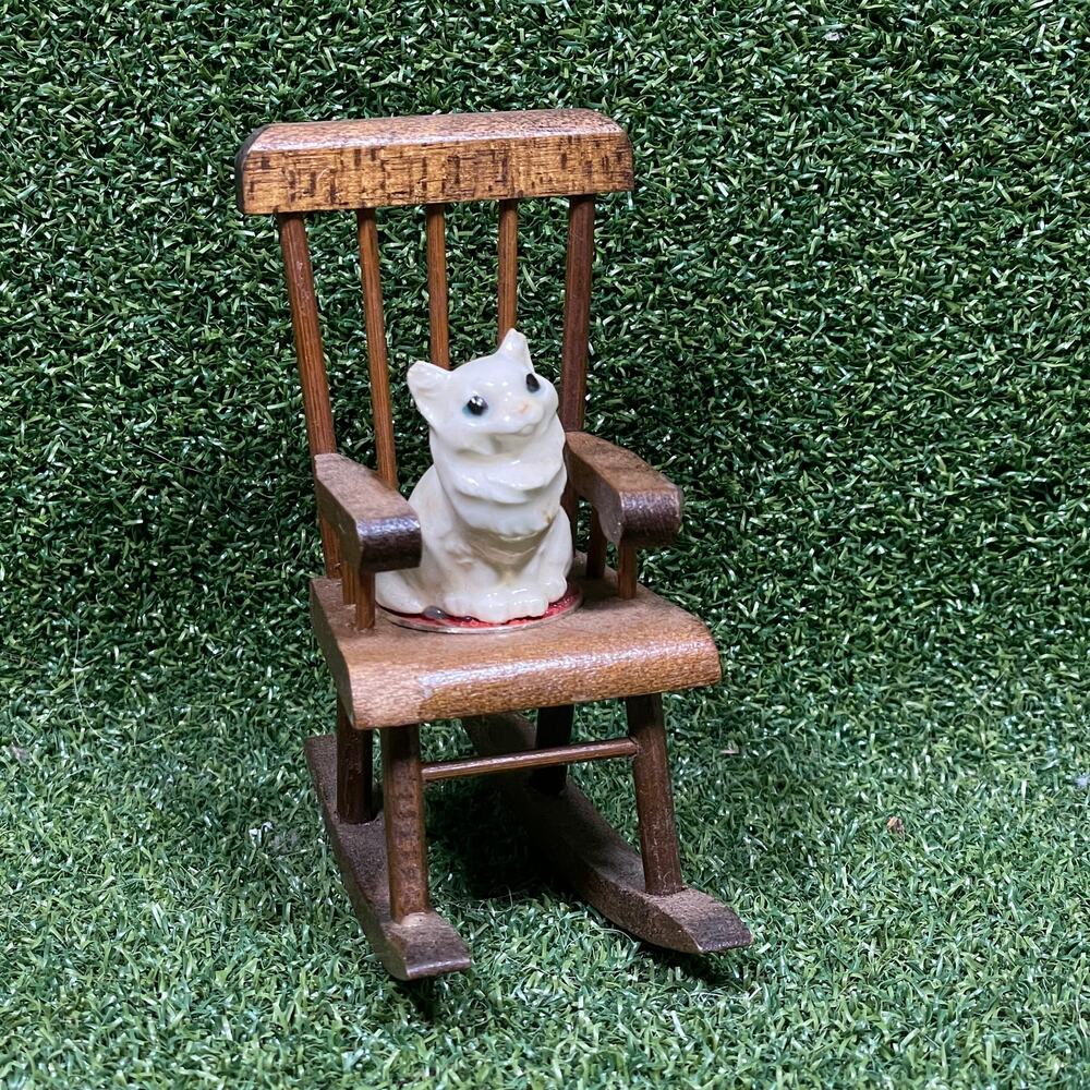 Vintage Miniature Porcelain White Cat in Wooden Doll House Rocking Chair 4.25"